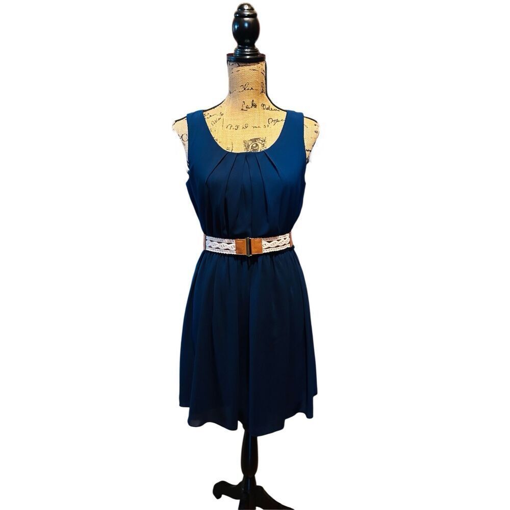By & By Navy Blue Mini Fit Flare‎ Dress Belted Size Medium